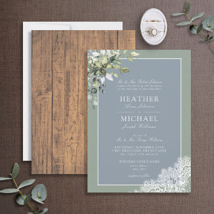 Dusty Blue Eucalyptus Botanical Wood Wedding  Invi Invitation