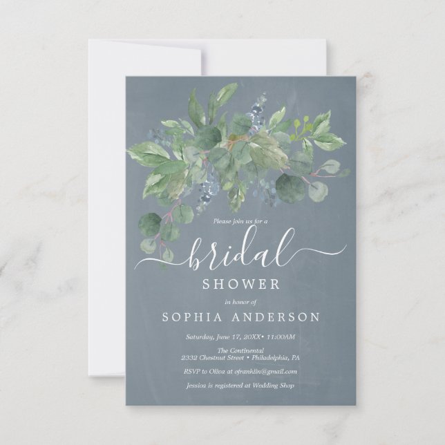 Dusty Blue Eucalyptus Bridal Shower Invitations (Front)
