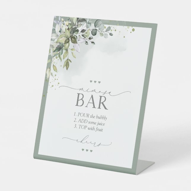 Dusty Blue Eucalyptus Bridal Shower Mimosa Bar Pedestal Sign (Front)