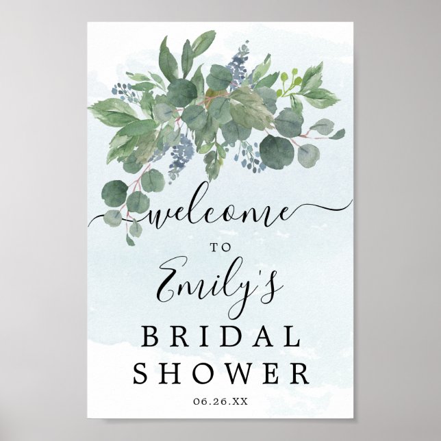Dusty Blue Eucalyptus Bridal Shower Welcome Sign (Front)