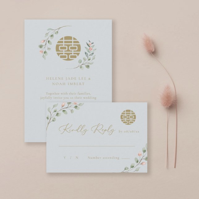 Dusty Blue Eucalyptus Chinese Elegant Wedding RSVP Invitation (Creator Uploaded)