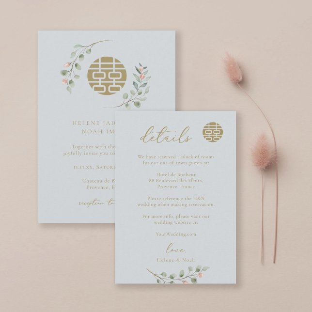 Dusty Blue Eucalyptus Chinese Wedding Details Info Invitation (Creator Uploaded)