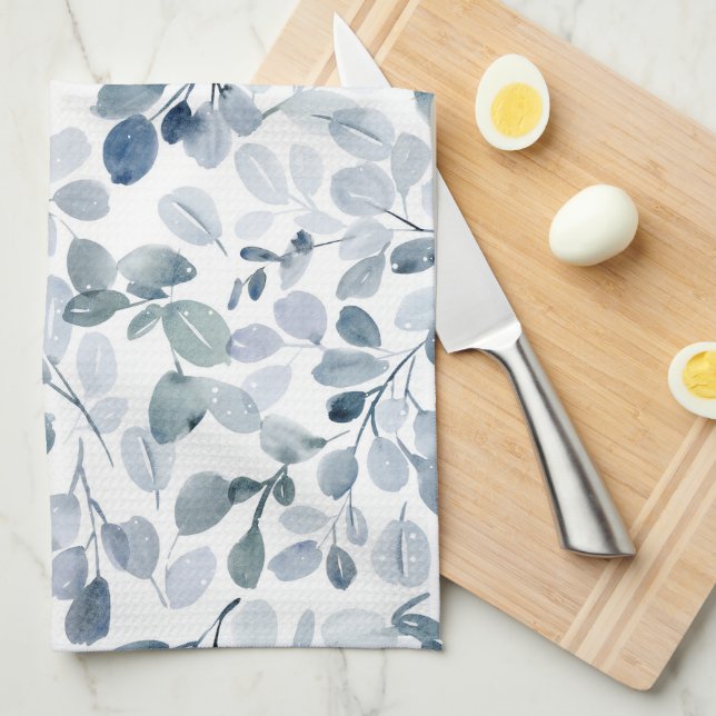 Dusty Blue Eucalyptus Christmas Kitchen Towel (Quarter Fold)