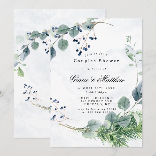 Dusty Blue Eucalyptus Couples Shower Invitations (Front/Back)