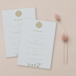 Dusty Blue Eucalyptus Elegant Chinese Wedding Menu Invitation