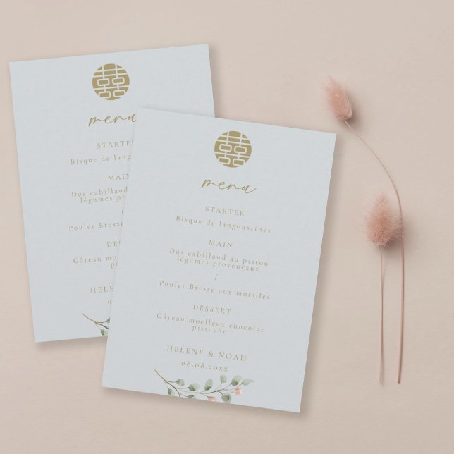 Dusty Blue Eucalyptus Elegant Chinese Wedding Menu Invitation (Creator Uploaded)