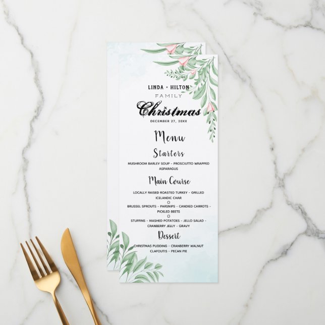 Dusty Blue Eucalyptus Family Christmas Dinner Menu (Front/Back In Situ)