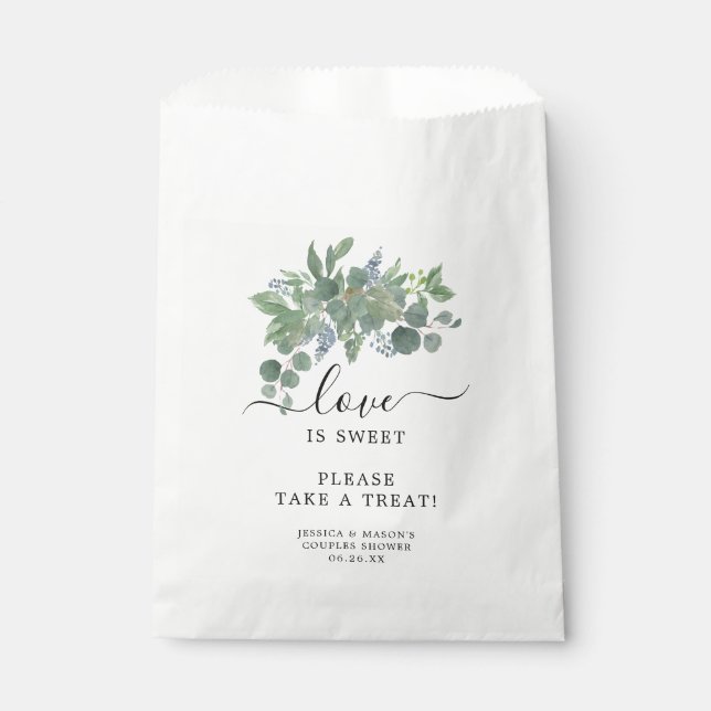 Dusty Blue Eucalyptus Favour Bag Love is Sweet (Front)