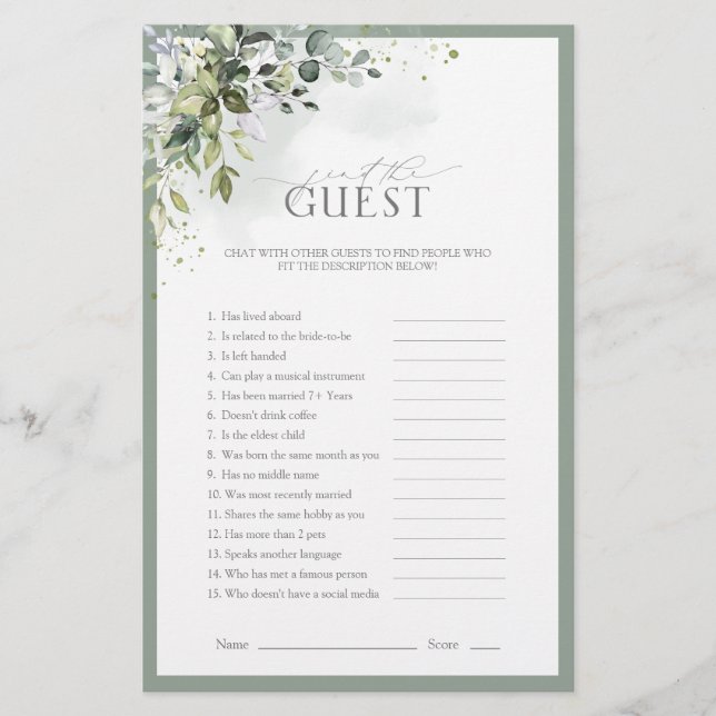 Dusty Blue Eucalyptus Floral Bridal Shower Game (Front)