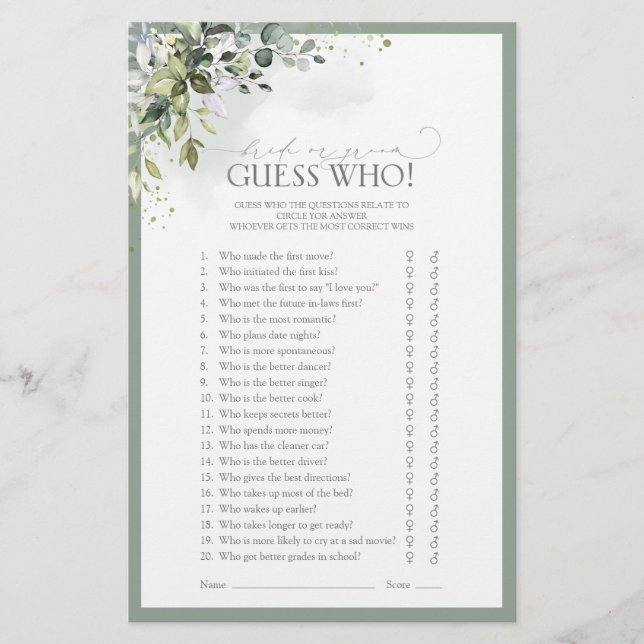Dusty Blue Eucalyptus Floral Bridal Shower Game (Front)