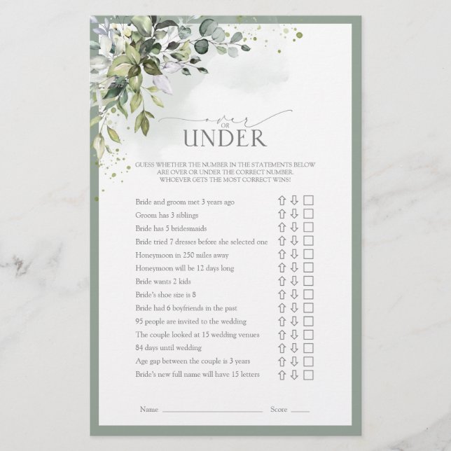 Dusty Blue Eucalyptus Floral Bridal Shower Game (Front)