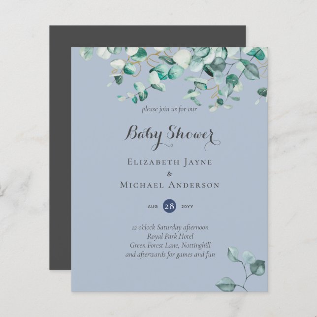 Dusty Blue Eucalyptus Greenery BABY SHOWER Invites (Front/Back)