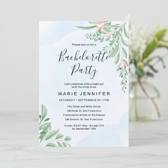 Dusty Blue Eucalyptus Greenery Bachelorette Party Invitation (Standing Front)