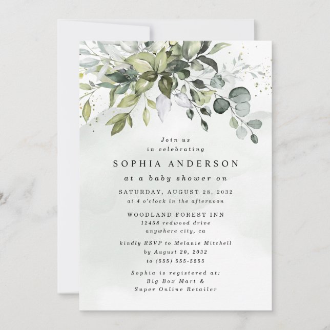 Dusty Blue Eucalyptus Greenery Boho Baby Shower Invitation (Front)