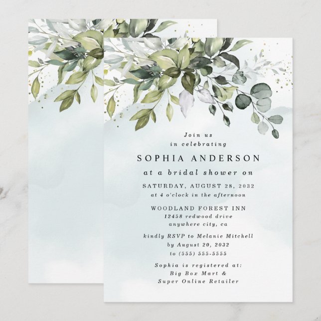 Dusty Blue Eucalyptus Greenery Boho Bridal Shower Invitation (Front/Back)