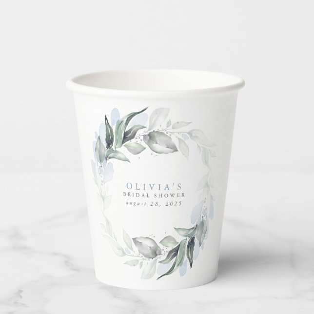 Dusty Blue Eucalyptus Greenery Boho Bridal Shower Paper Cups (Front)