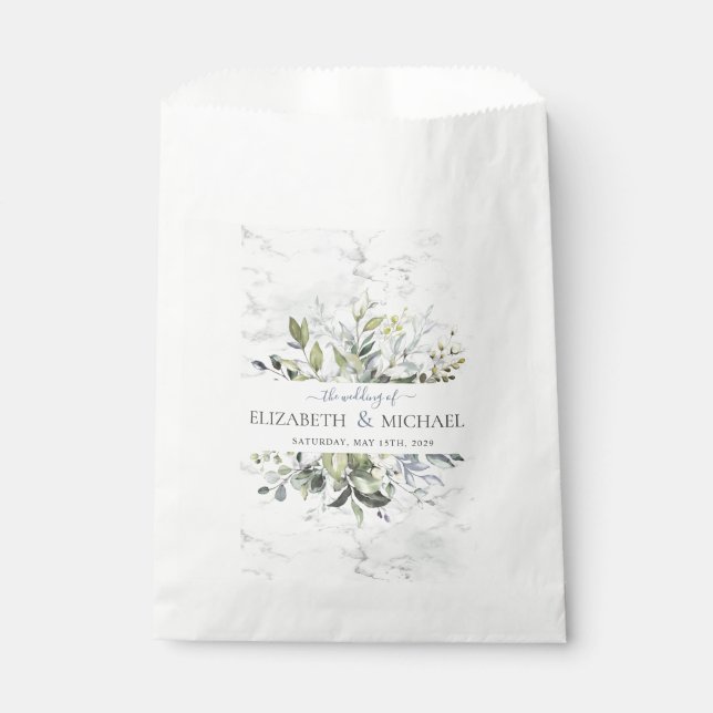 Dusty Blue Eucalyptus Greenery Botanical Marble Favour Bags (Front)