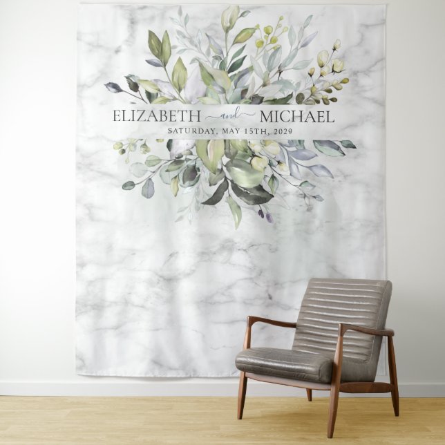 Dusty Blue Eucalyptus Greenery Botanical Marble Tapestry (In Situ)