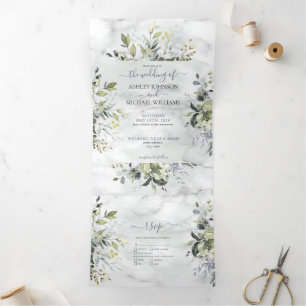 Dusty Blue Eucalyptus Greenery Botanical Marble Tri-Fold Invitation