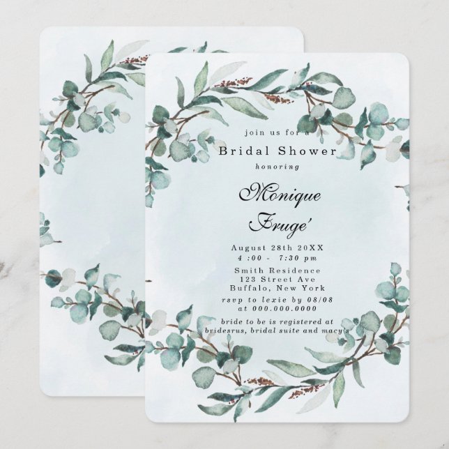 Dusty Blue Eucalyptus Greenery Bridal Shower Invitation (Front/Back)