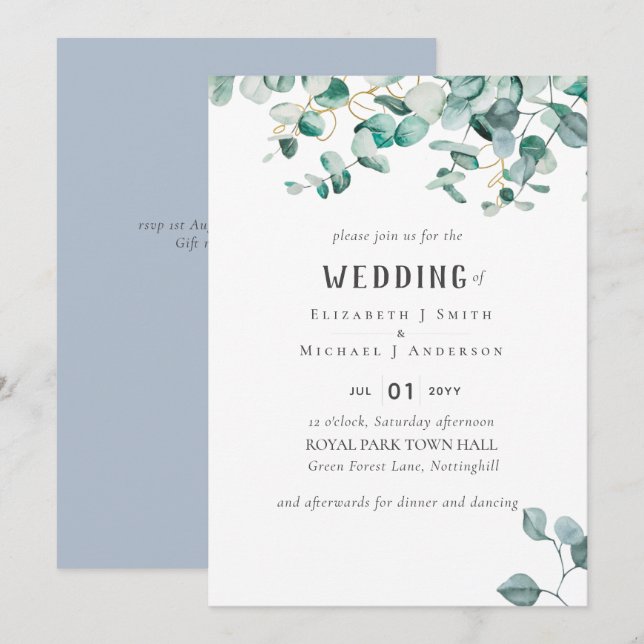 Dusty Blue Eucalyptus Greenery BUDGET WEDDING Invitation (Front/Back)