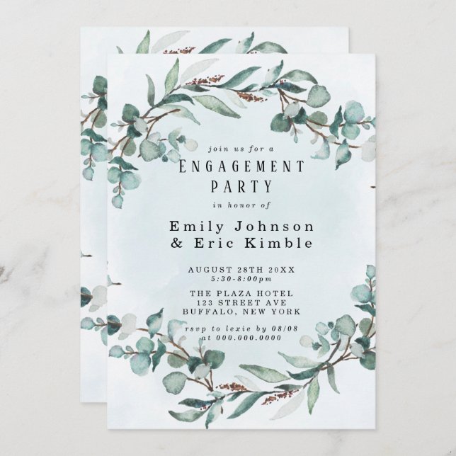 Dusty Blue Eucalyptus Greenery Engagement Party Invitation (Front/Back)