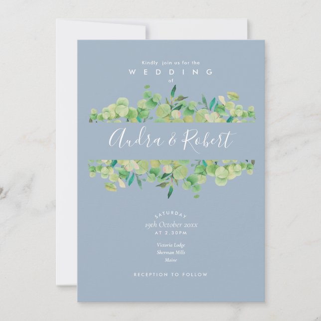 Dusty Blue Eucalyptus Greenery Garland Wedding Invitation (Front)