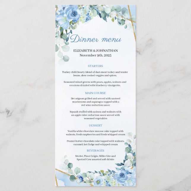 Dusty Blue Eucalyptus Greenery Gold Frame Dinner Menu (Front)