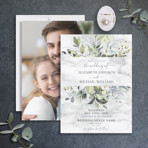 Dusty Blue Eucalyptus Greenery Marble Photo Invitation