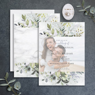 Dusty Blue Eucalyptus Greenery Marble Photo Invitation