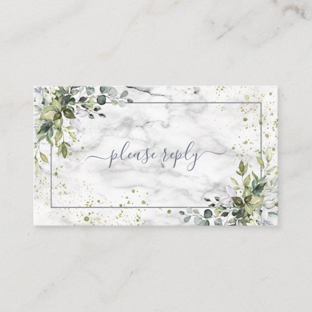 Dusty Blue Eucalyptus Greenery Marble Wedding RSVP Enclosure Card (Front)