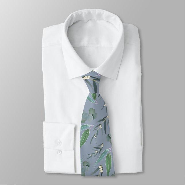 Dusty Blue Eucalyptus Greenery Pattern Tie (Tied)