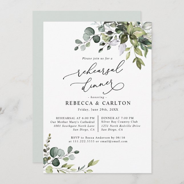 Dusty Blue Eucalyptus Greenery Rehearsal Dinner Invitation (Front/Back)