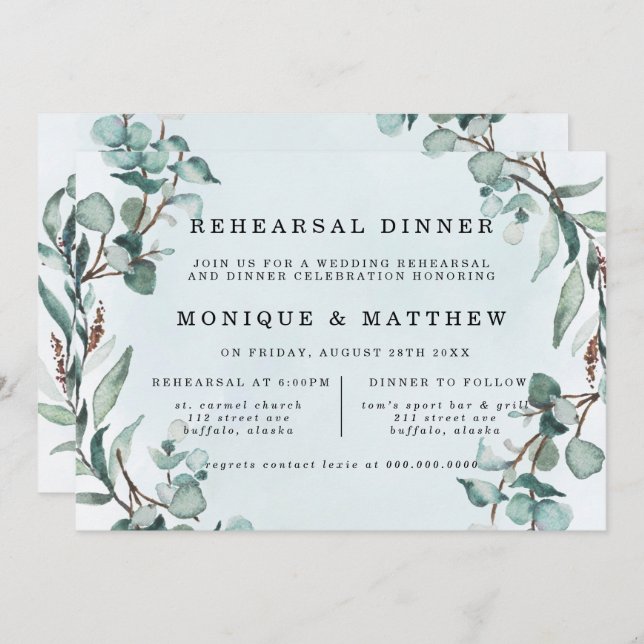 Dusty Blue Eucalyptus Greenery Rehearsal Dinner Invitation (Front/Back)