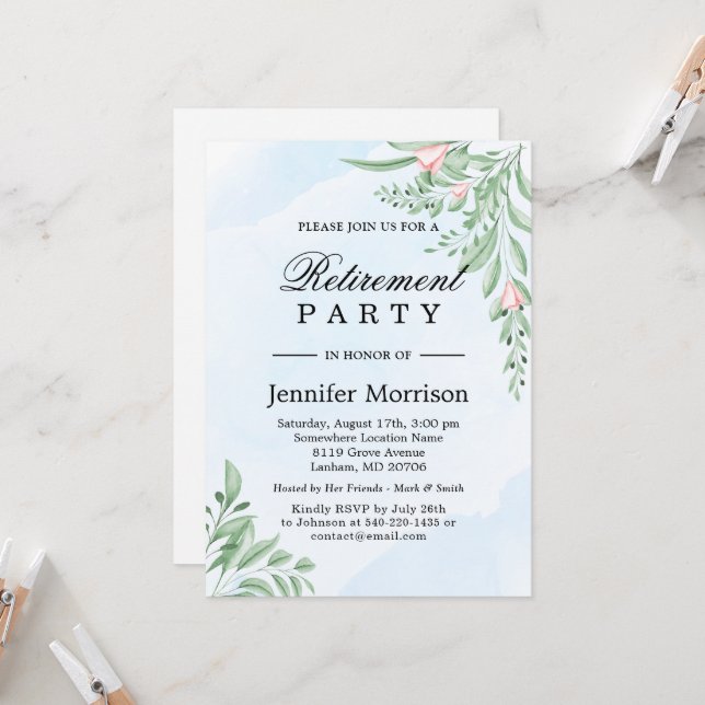 Dusty Blue Eucalyptus Greenery Retirement Party Invitation (Front/Back In Situ)
