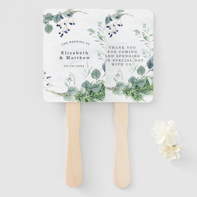 Dusty Blue Eucalyptus Greenery Rustic Wedding  Han Hand Fan (Front and Back)