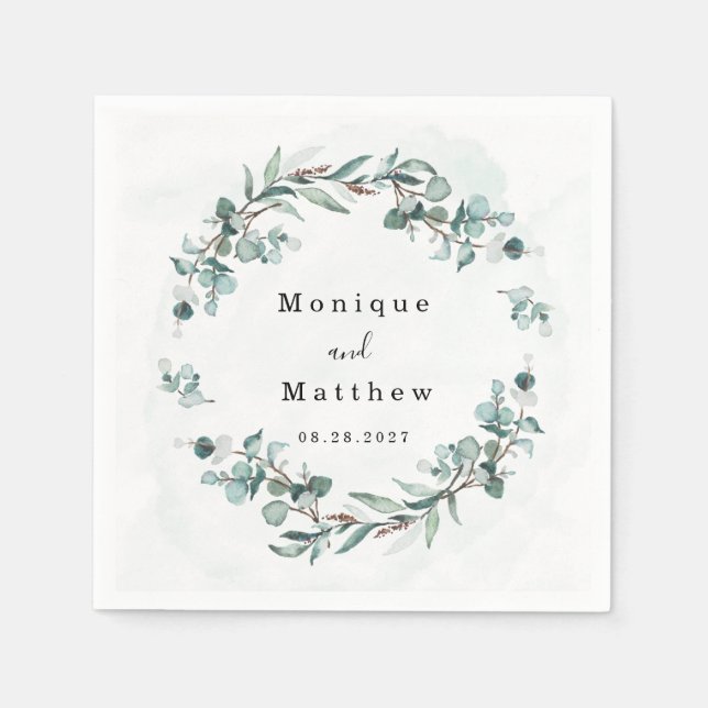 Dusty Blue Eucalyptus Greenery Rustic Wedding Napkin (Front)