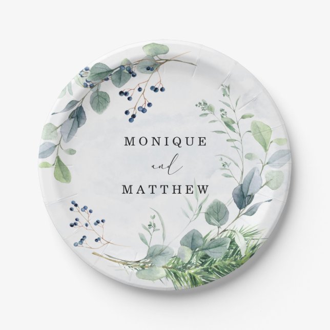 Dusty Blue Eucalyptus Greenery Rustic Wedding Paper Plate (Front)