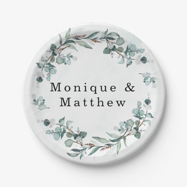 Dusty Blue Eucalyptus Greenery Rustic Wedding Paper Plate (Front)