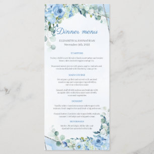 Dusty Blue Eucalyptus Greenery Silver Frame Dinner Menu