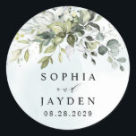 Dusty Blue Eucalyptus Greenery Succulent Wedding Classic Round Sticker<br><div class="desc">This design is available with two different dusty blue shades.  One option is more dustier than the other and leans towards a grey-dusty blue.  This one that you are currently viewing leans more towards blue for the watercolor splashes.  Compare each on-screen preview for a perfect match when it comes to...</div>