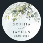 Dusty Blue Eucalyptus Greenery Succulent Wedding Classic Round Sticker<br><div class="desc">This design is available with two different dusty blue shades.  One option is more dustier than the other and leans towards a grey-dusty blue.  This one that you are currently viewing leans more towards blue for the watercolor splashes.  Compare each on-screen preview for a perfect match when it comes to...</div>