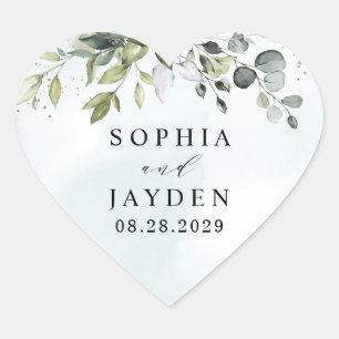 Dusty Blue Eucalyptus Greenery Succulent Wedding Heart Sticker