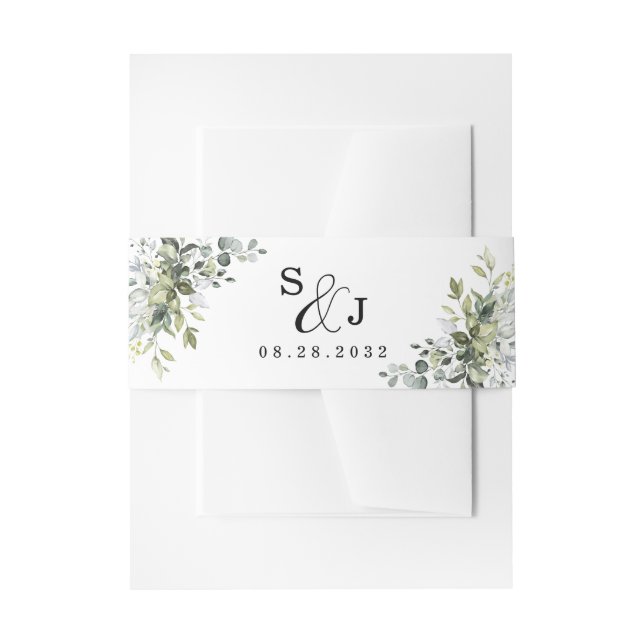 Dusty Blue Eucalyptus Greenery Succulent Wedding Invitation Belly Band (Front Example)