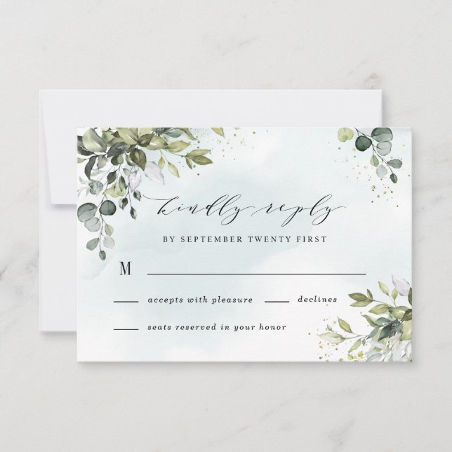 Dusty Blue Eucalyptus Greenery Succulent Wedding RSVP Card (Front)