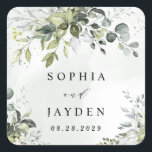 Dusty Blue Eucalyptus Greenery Succulent Wedding Square Sticker<br><div class="desc">Design features a bouquet of watercolor greenery,  eucalyptus and a succulent over a dusty blue watercolor splash. Design also features specks of painted (printed) gold and green. View the collection link on this page to see all of the matching items in this beautiful design.</div>