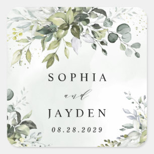 Dusty Blue Eucalyptus Greenery Succulent Wedding Square Sticker