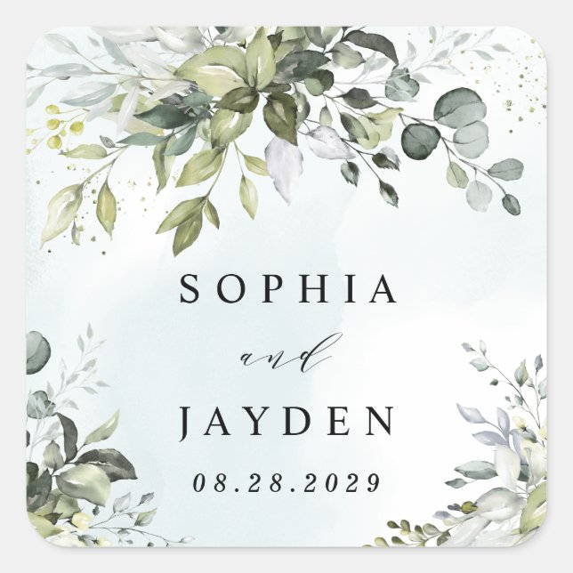 Dusty Blue Eucalyptus Greenery Succulent Wedding Square Sticker (Front)