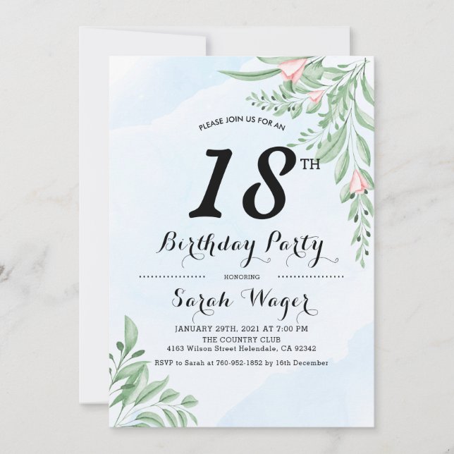 Dusty Blue Eucalyptus Greenery Sweet 18th Birthday Invitation (Front)