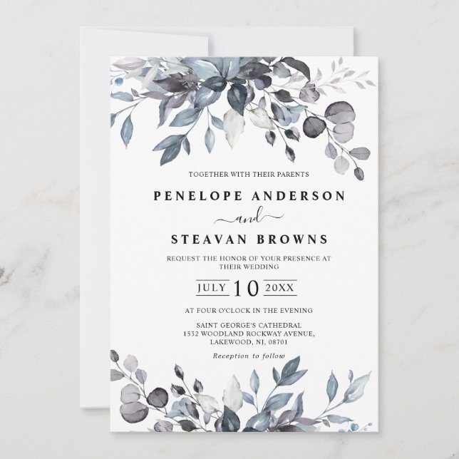 Dusty Blue Eucalyptus Greenery Wedding Invitation (Front)
